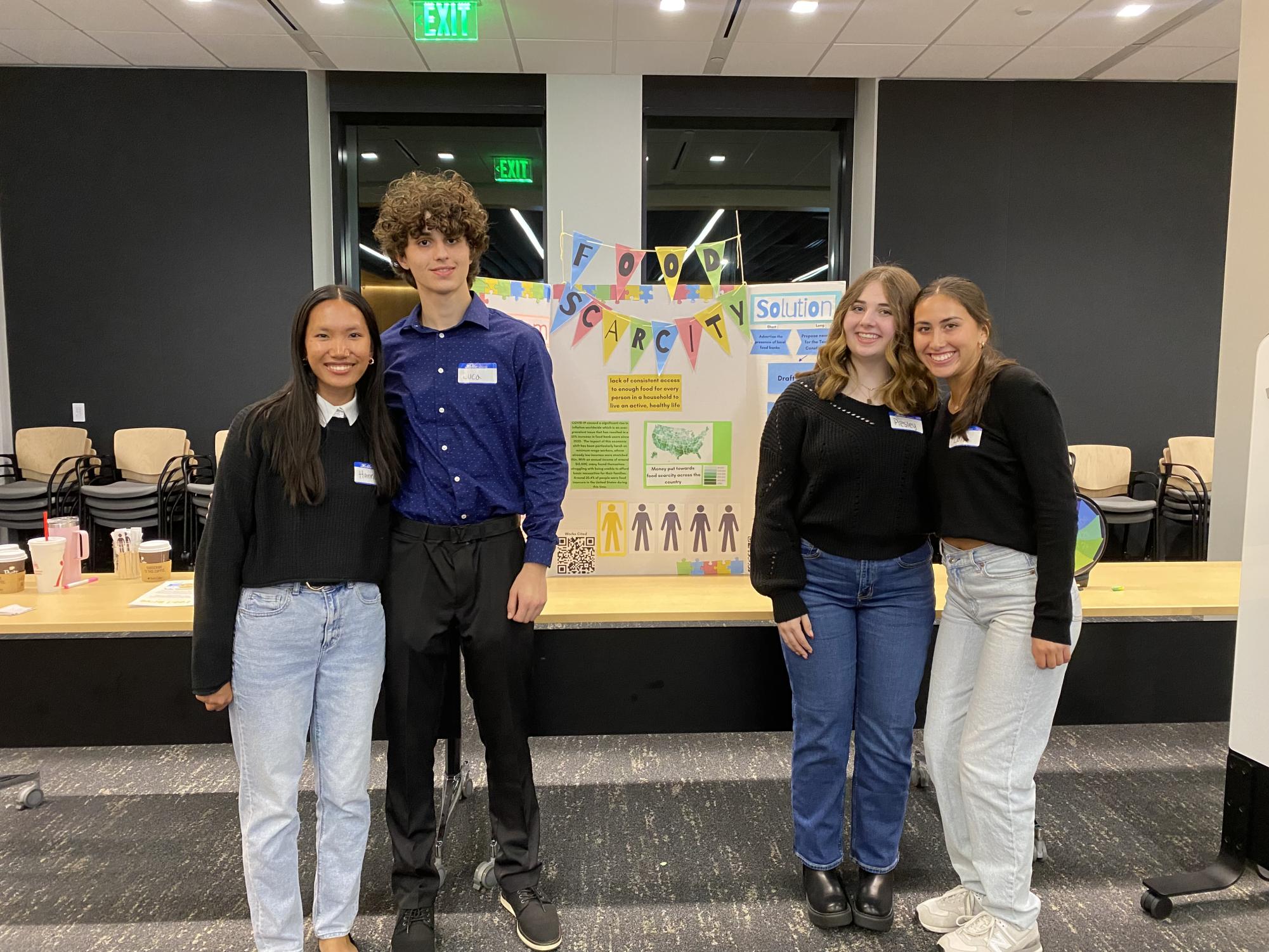 First year UNT Now! Students (from left to right) Hannah Phares, Luca Rusu, Presley Sockwell, and Lola Jimenez, presenting their semester long project.